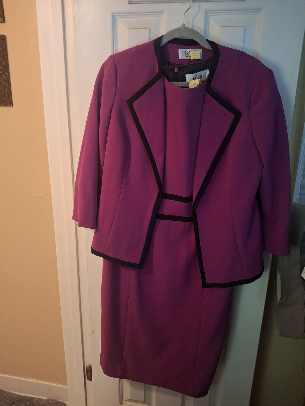 Le Suit Magenta and Black Skirt Suit Set